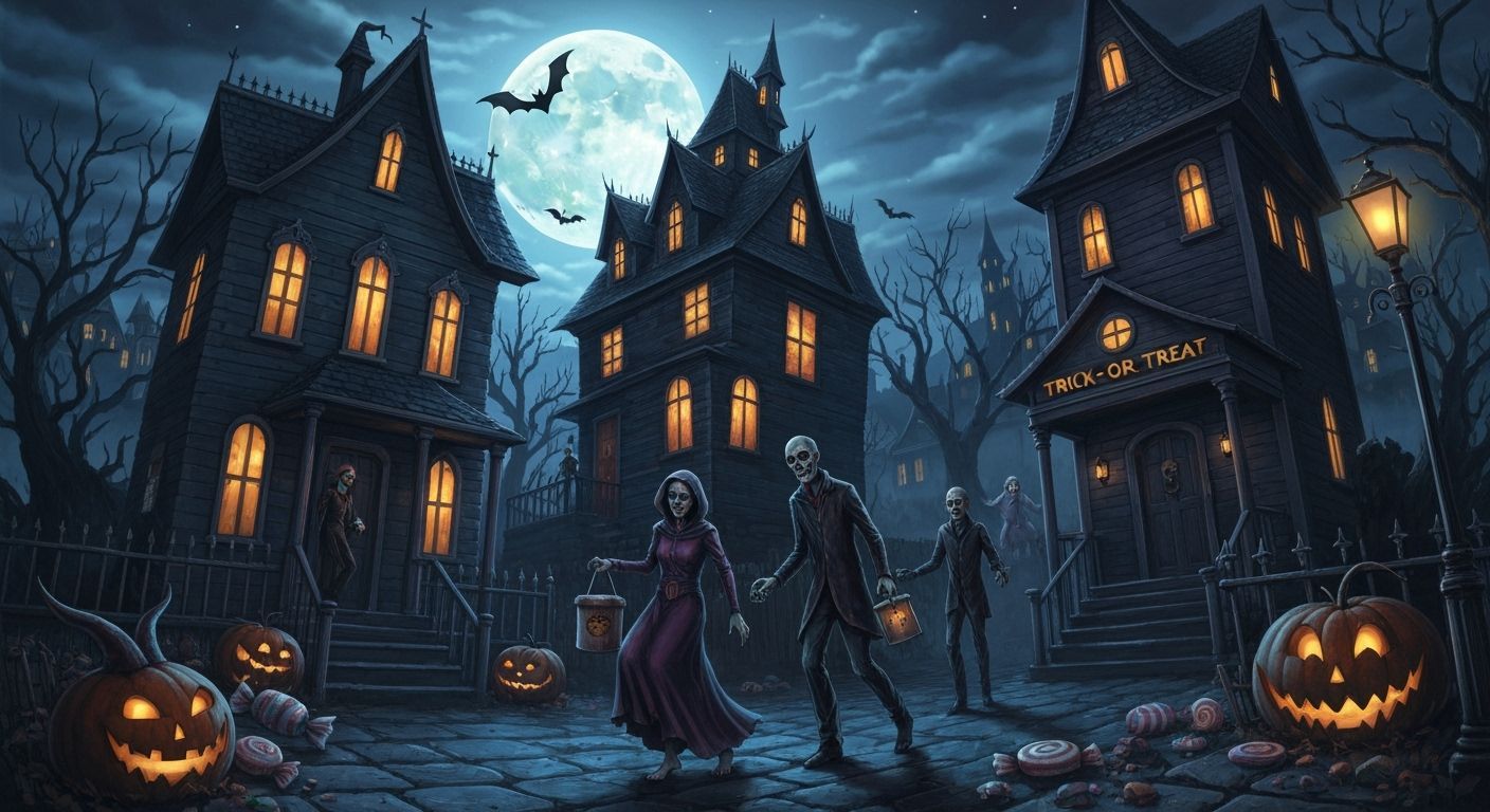Spooky Halloween Night With Haunted Houses And Undead