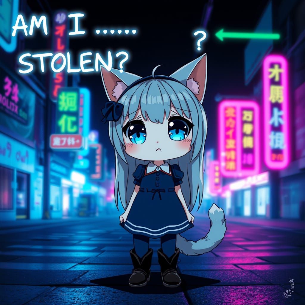 Sad Anime Catgirl in Synthwave Glitch Scene