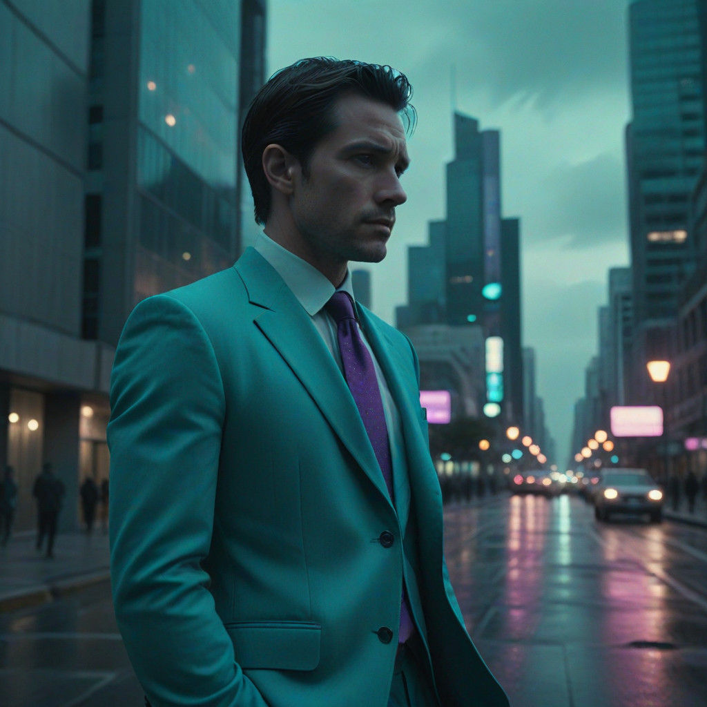 Epic Turquoise Suit Shines in Futuristic City