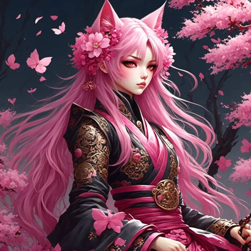 Anime Pink Neko Samurai in Sakura Dreamscape