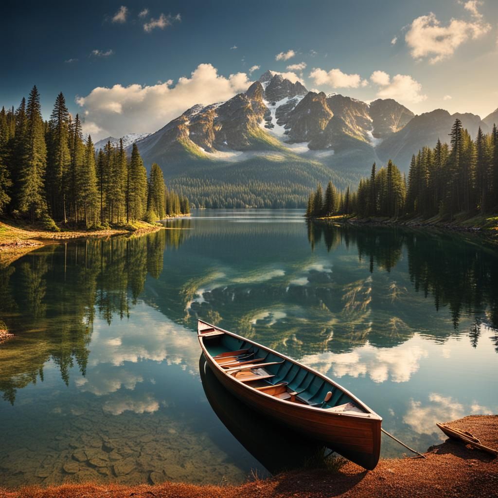 Mountain Lake Rowboat Reflects Serene Nature