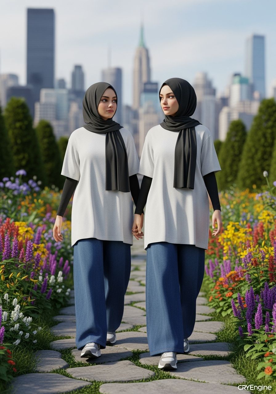 Hijabi Girls Explore Botanic Garden in Digital Art