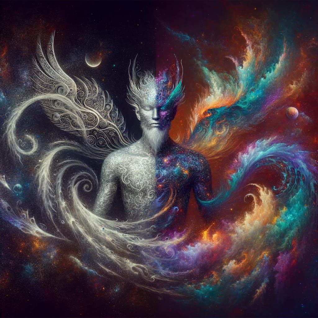 Celestial Dragon-Human Hybrid in Astral Cosmic Art