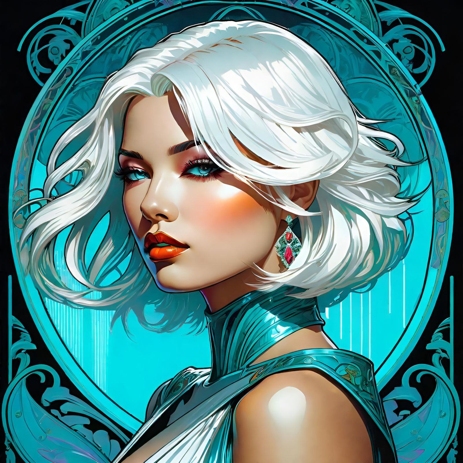 Beautiful Woman in Cyberpunk Art Nouveau Style