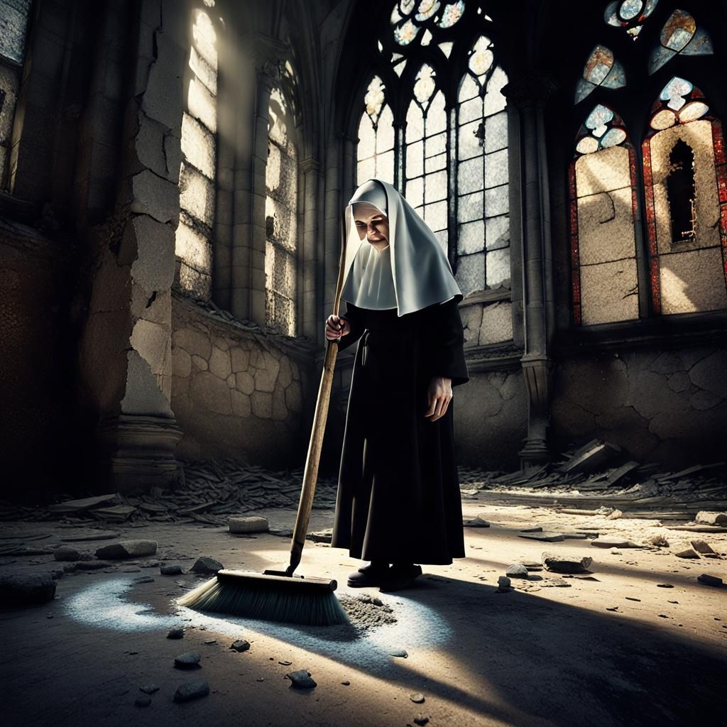 Creepy Nun Mopping Ruined Gothic Church
