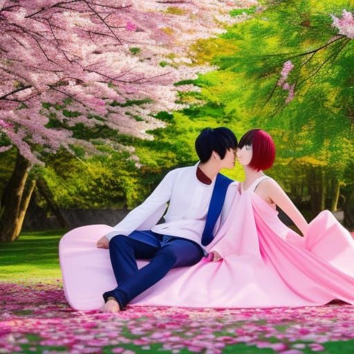 Anime Couple Under Cherry Blossoms in Watercolor Style