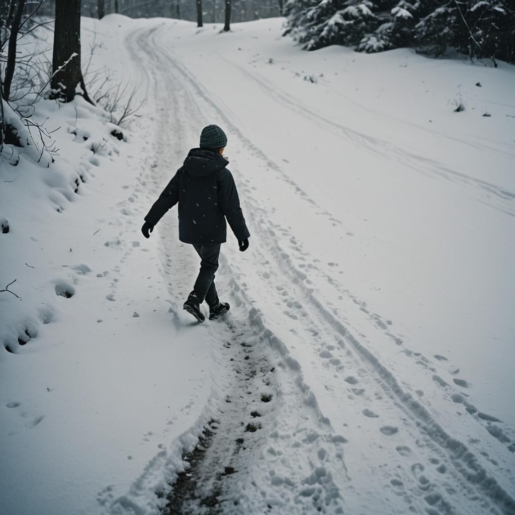 Cinematic Film Still: Child's Journey Through Snow