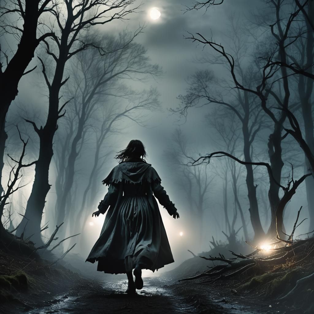 Eerie Cinematic Film Still: Woman in Misty Woods