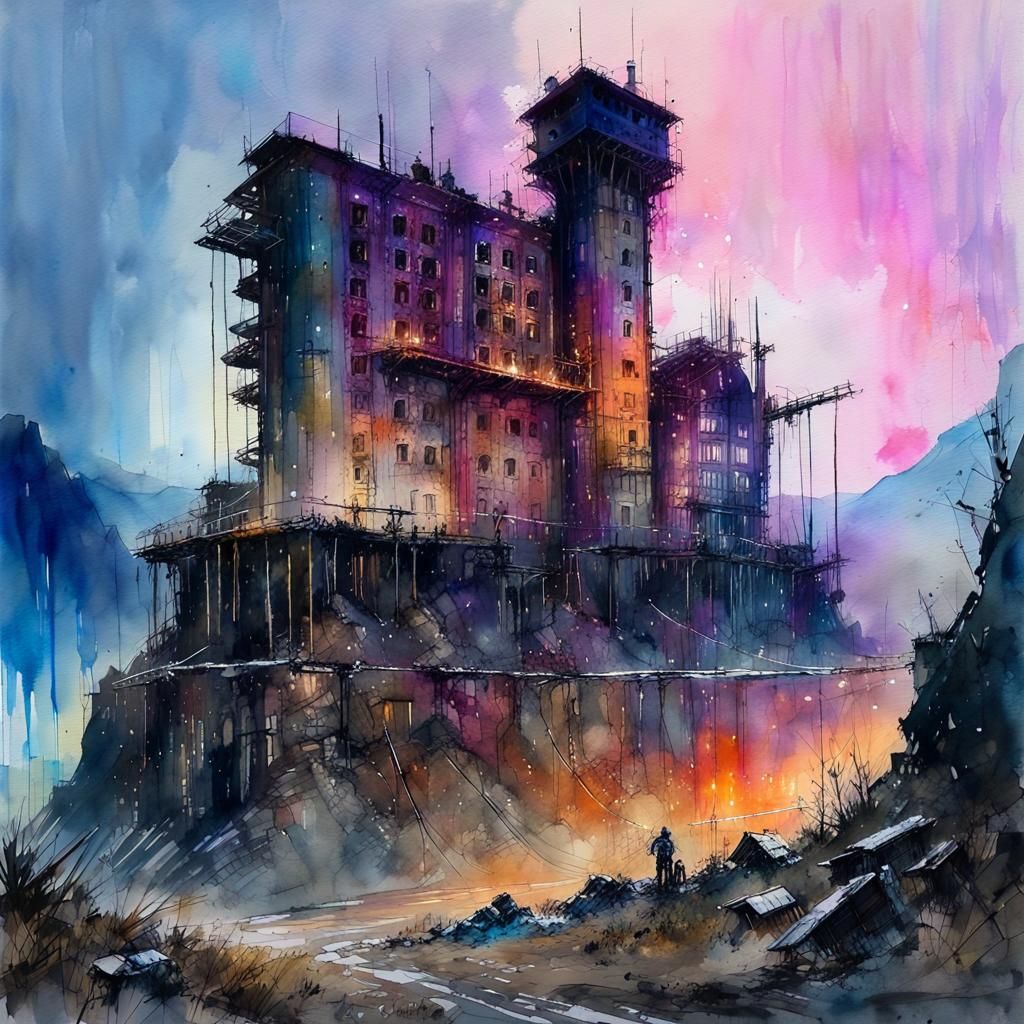 Steampunk Fortress in Transylvania: Watercolor Masterpiece