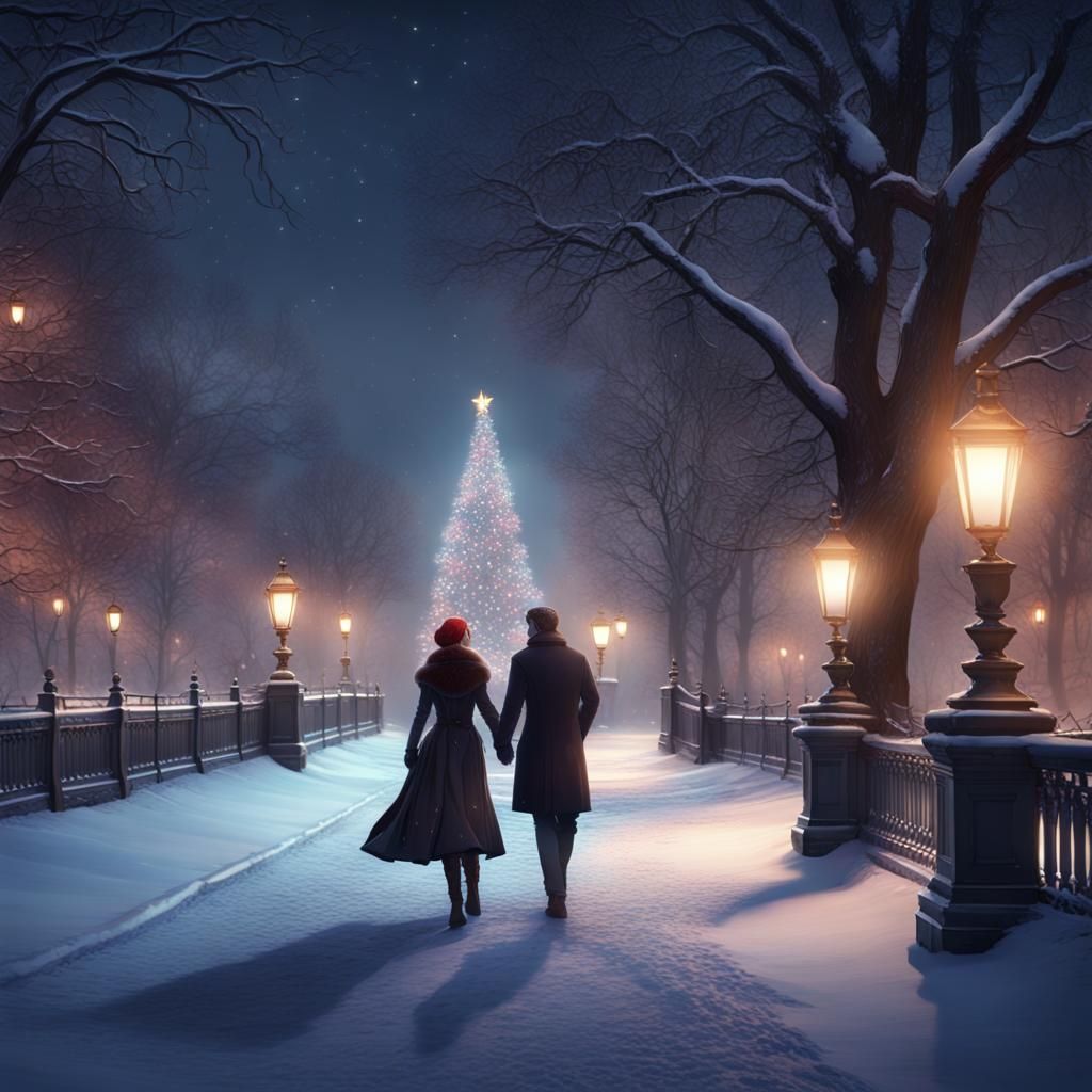 Romantic Winter Night Walk in City, Hyperdetailed Art