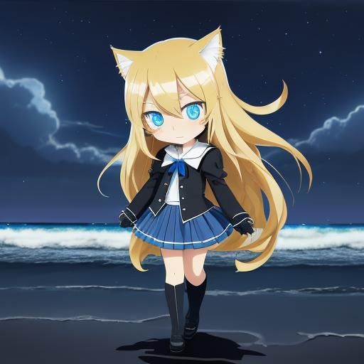 Adorable Chibi Catgirl on a Beach at Night
