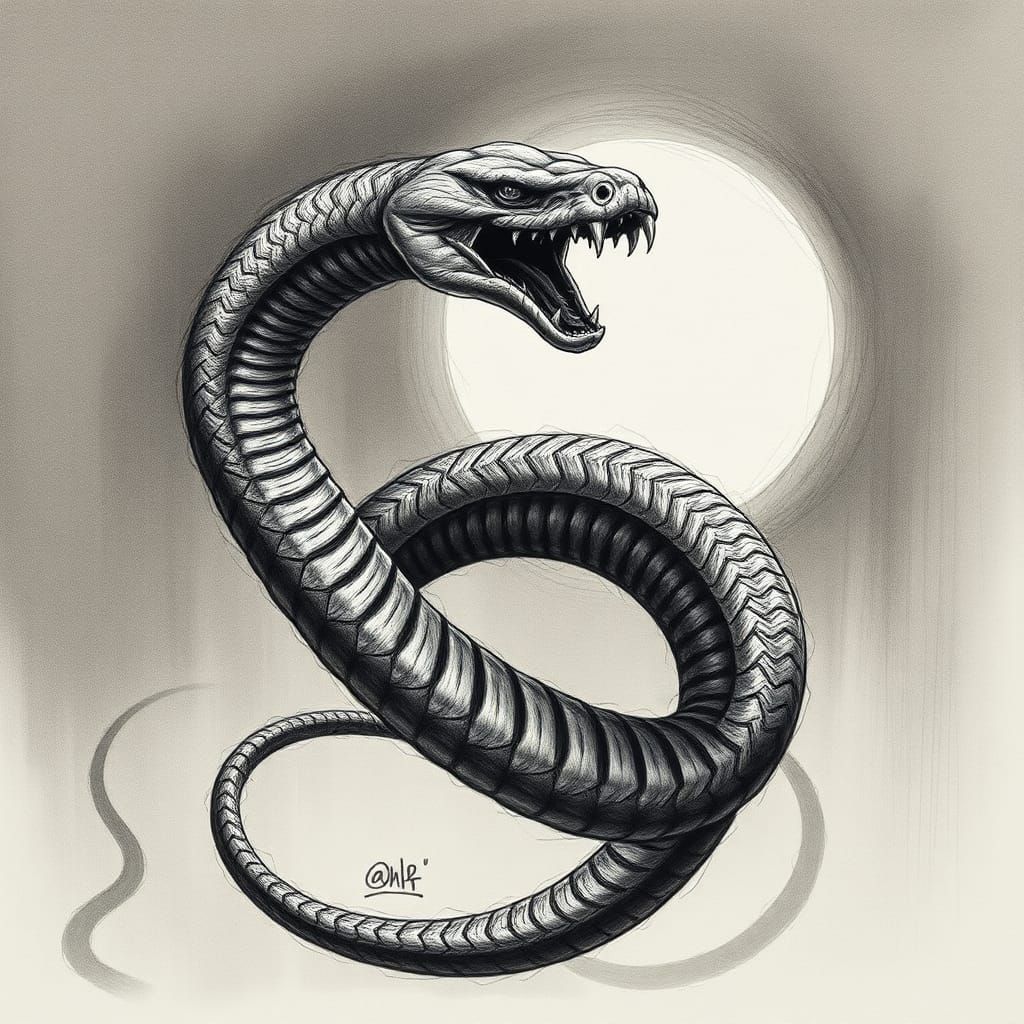Coiled Serpent Hissing: Hyperdetailed Charcoal Drawing