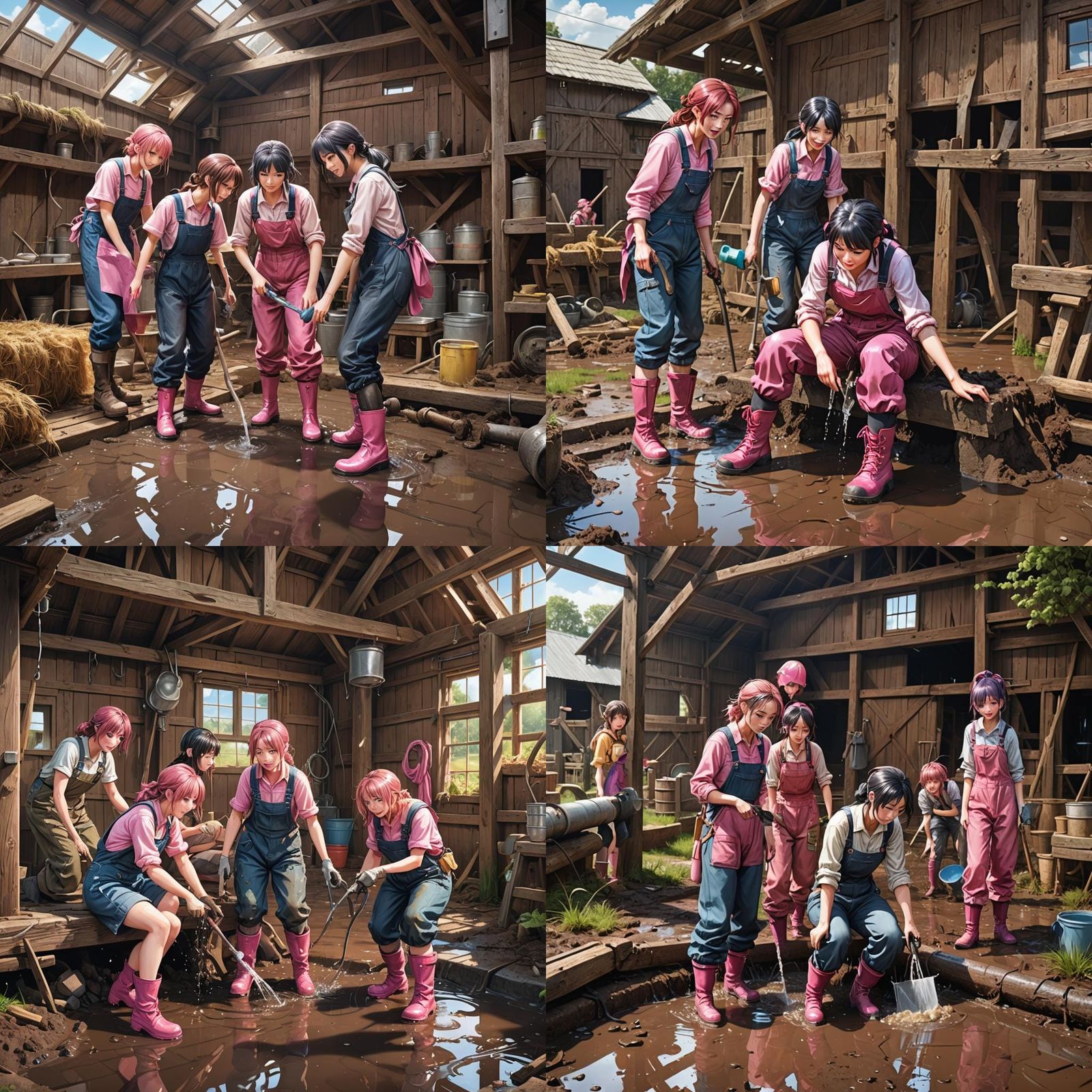 Manga Girls Repairing Pipe on Flooded Farm