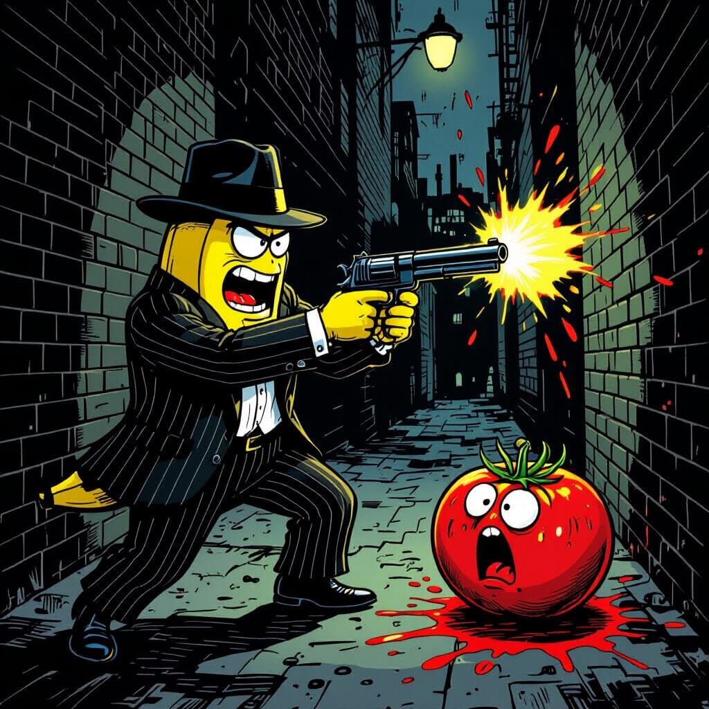 Gangster Banana Shoots Tomato in Noir Alleyway Comic Style