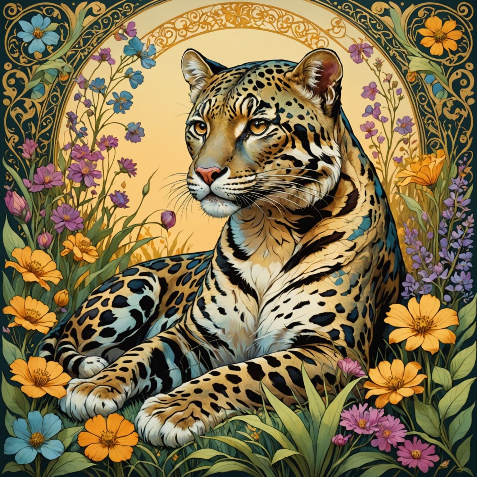 Clouded Leopard in Art Nouveau Style