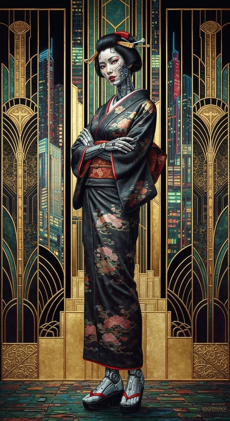 Cyberpunk Robot Woman in Kimono, Art Deco City