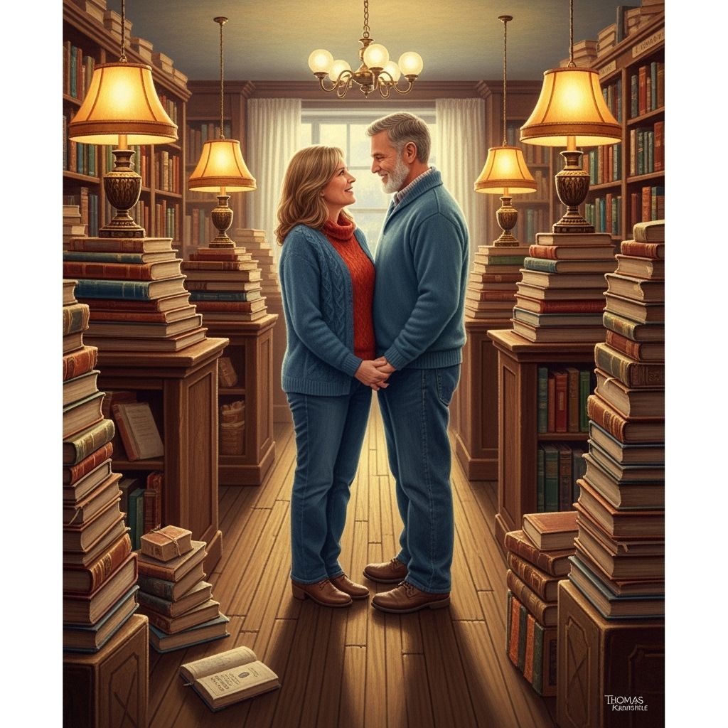 Couple in Bookstore: Nostalgic Art Style
