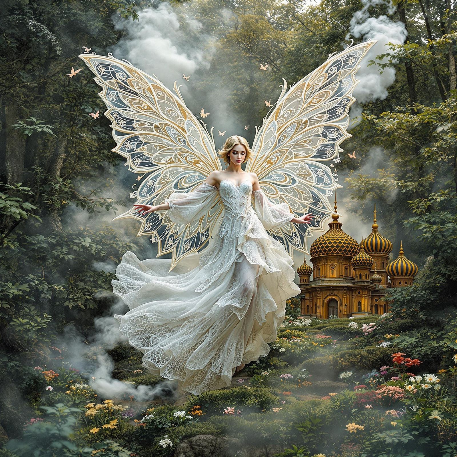 Angel in Fairy Forest with Lace and Fractal Smoke
