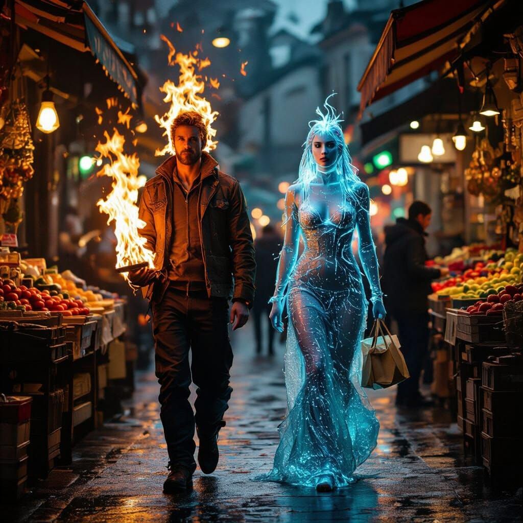 Fire Man and Water Woman Shopping, Realistic Lighting
