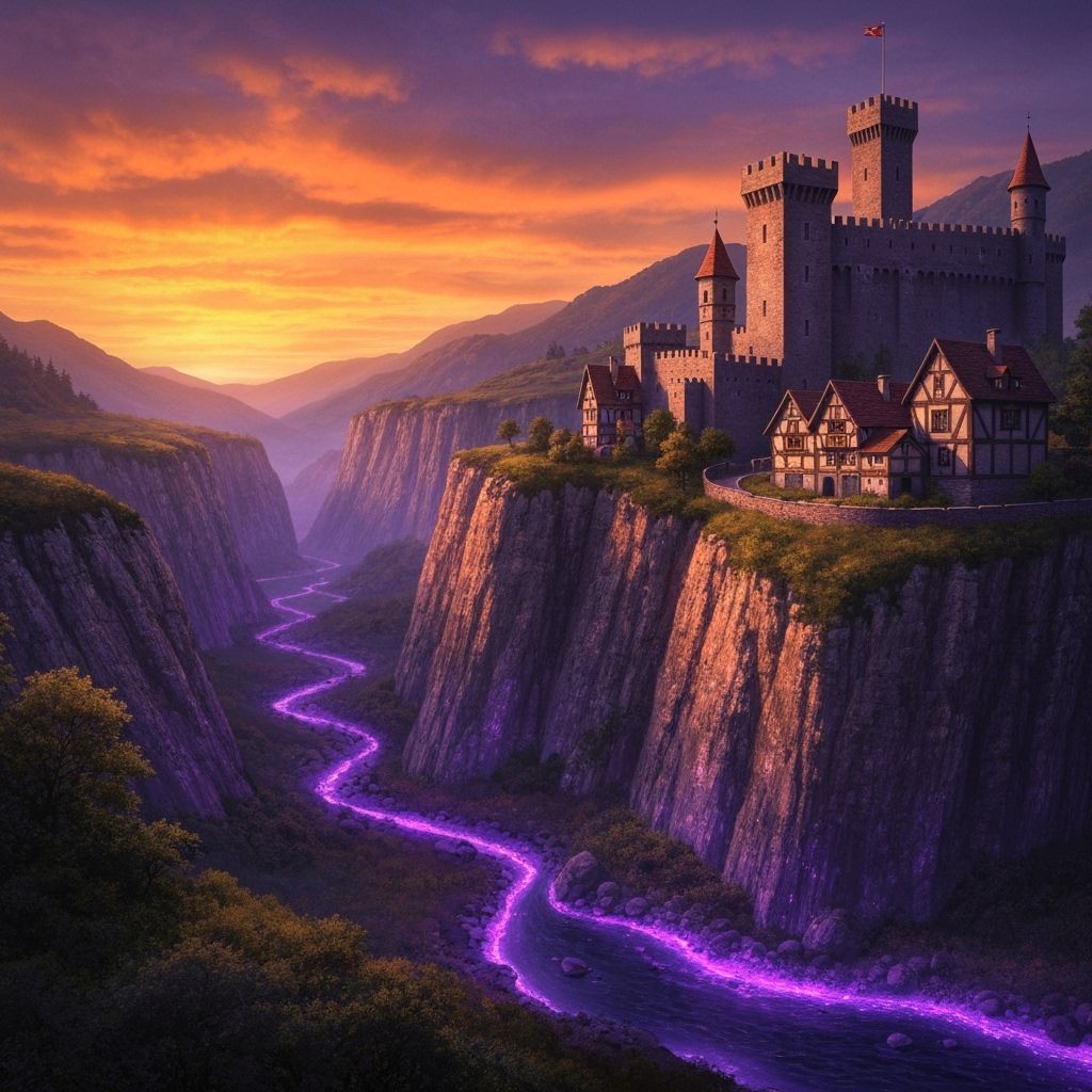 Escher-style Medieval Castle with Bioluminescent River