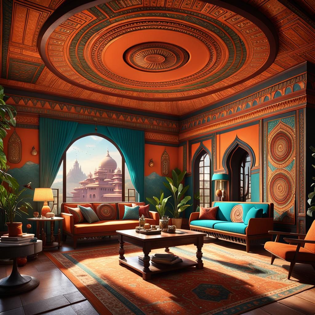 Mid-Century Indian Interior with Terracotta Ceiling