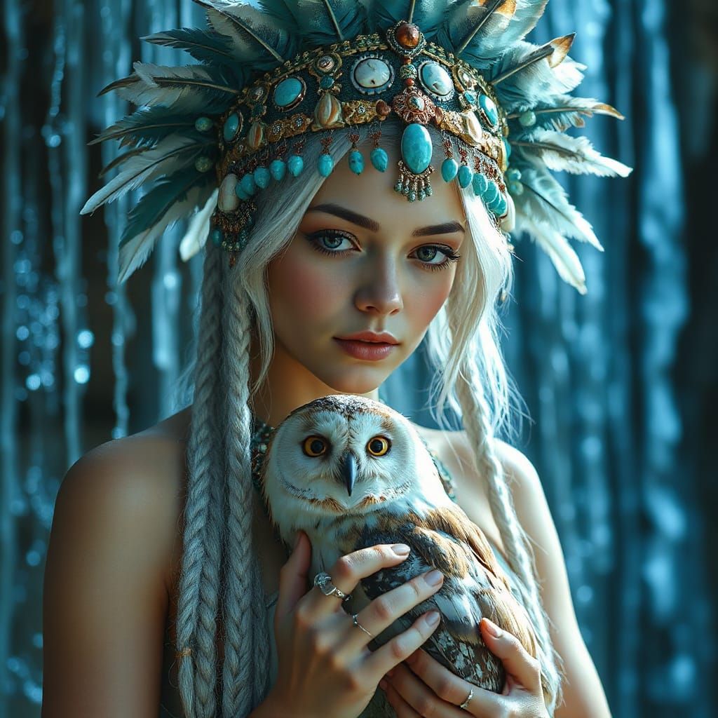 Ethereal Fantasy Woman With Owl Companion In Moonlight
