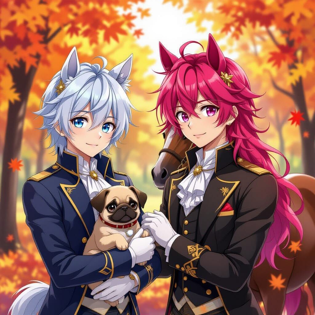 Anime Men with Horse Ears in Autumn Scene