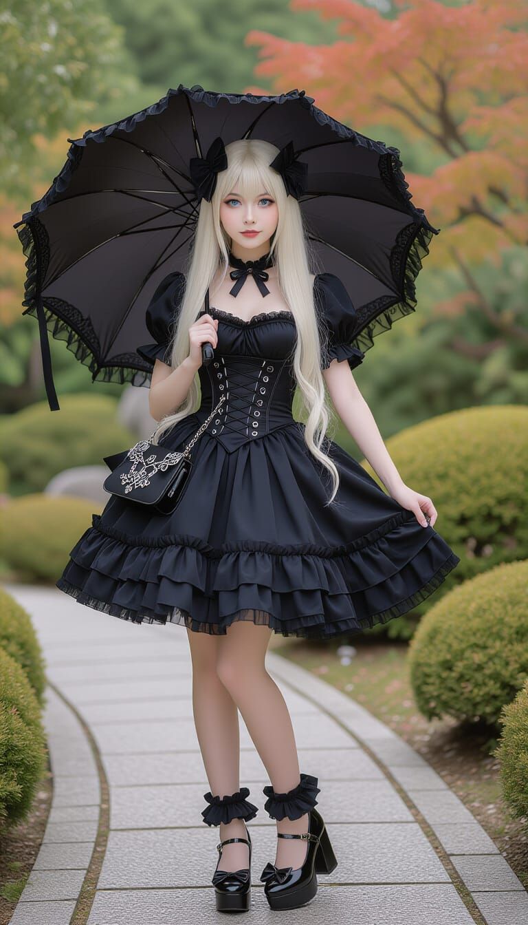 Gothic Lolita in Japanese Garden: Realistic Fashion Photo