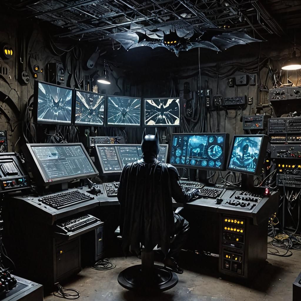 Batman in High-Tech Batcave with Burton Batmobile