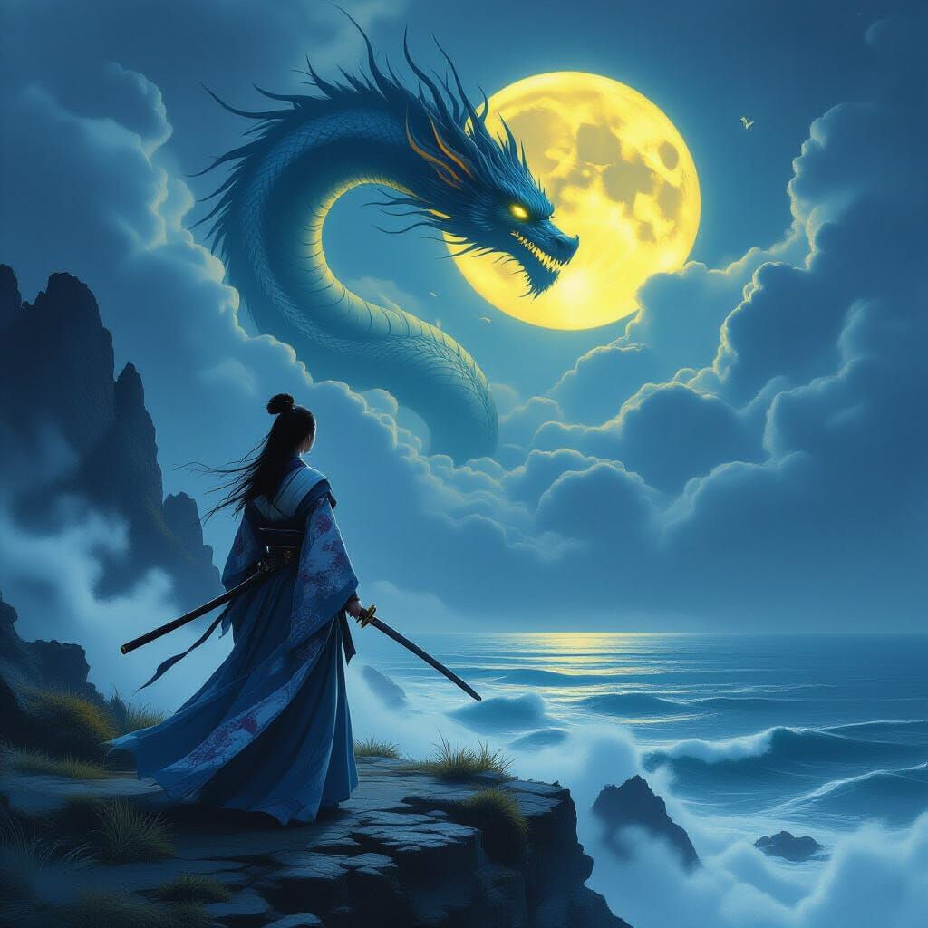 Warrior Woman on Cliff Overlooking Stormy Sea