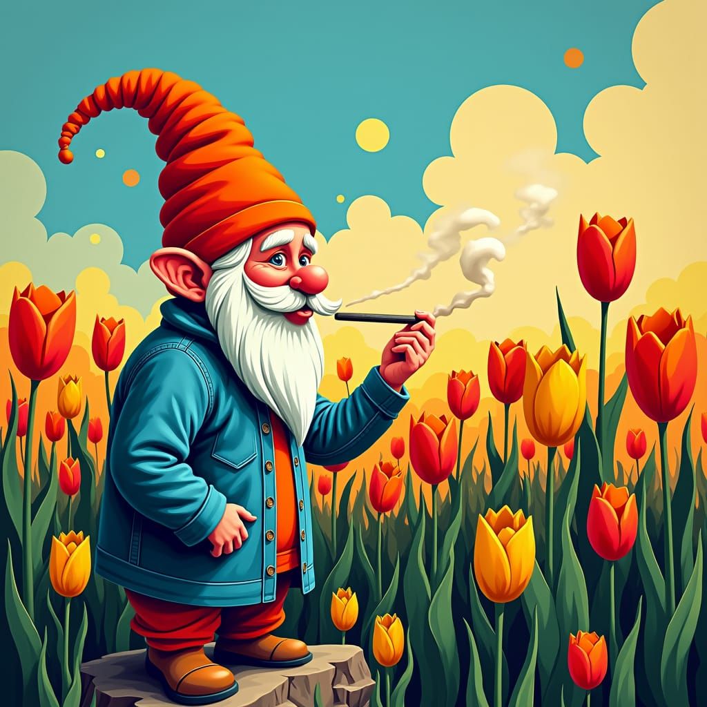 Gnome Smoking in a Bauhaus Tulip Garden