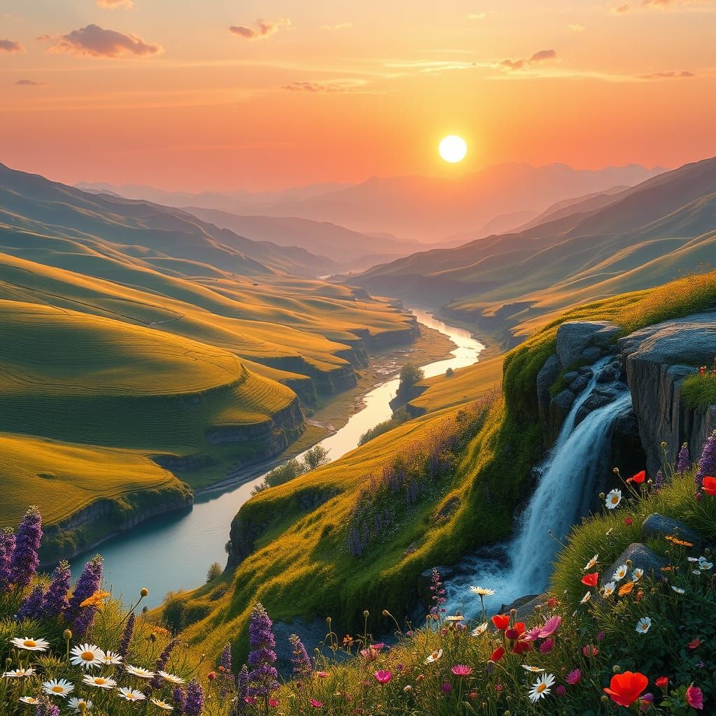 Ethereal Sunrise Landscape with Rolling Hills and Snow-Cappe...