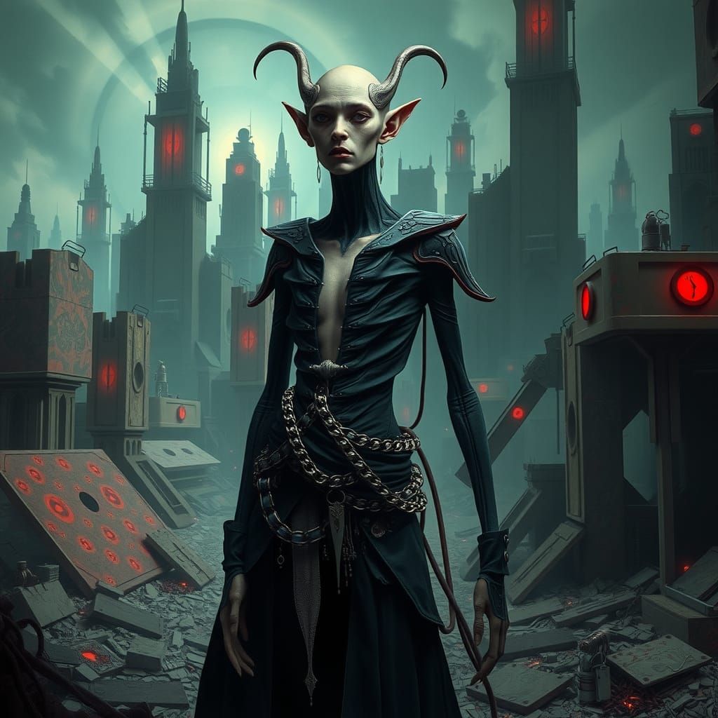 Ethereal Space Elf in Cyberpunk Pre-Raphaelite Ruins