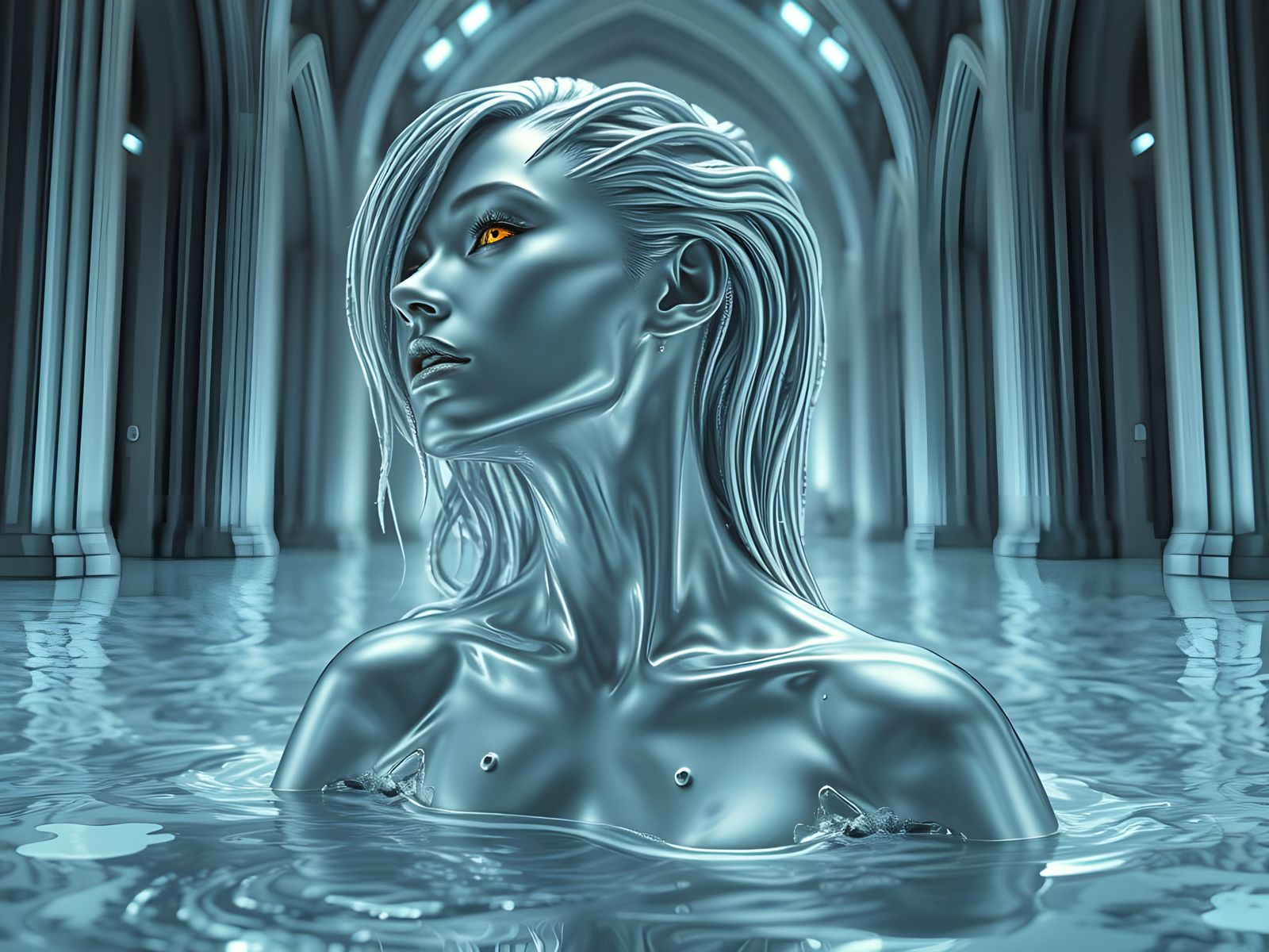 Surreal Goddess Emerges from Liquid Metal in Futuristic Cath...