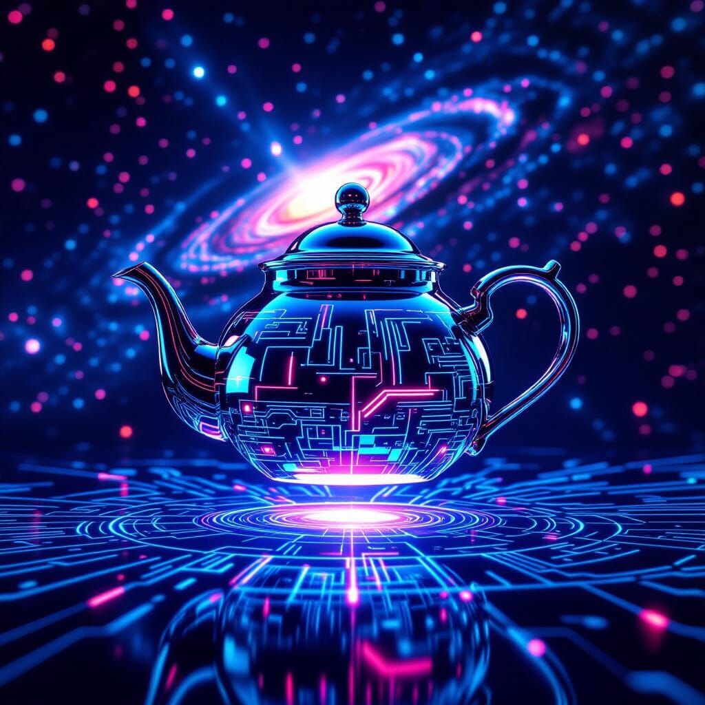 Futuristic Chrome Teapot with Neon Circuits Above Galaxy Dis...