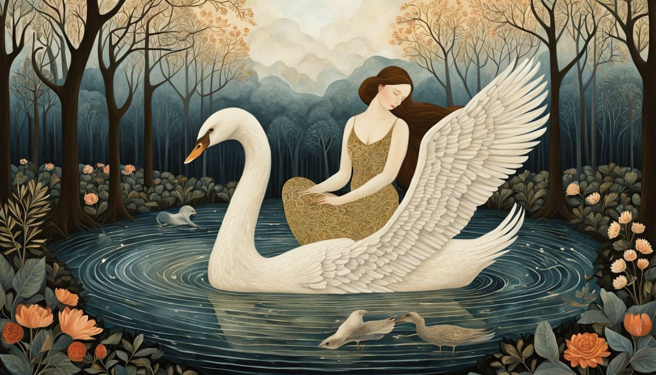Ethereal Goddess Leda and Swan Zeus in Dreamlike Forest