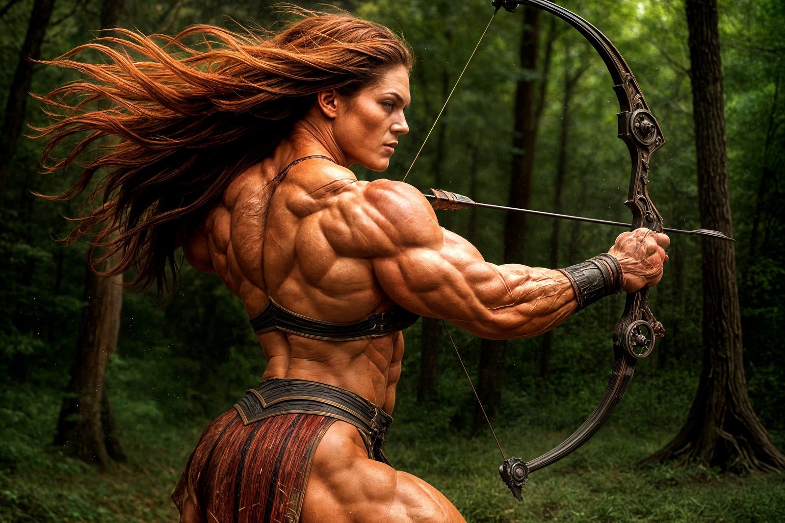 Muscular Roman Archer Flexing in Forest