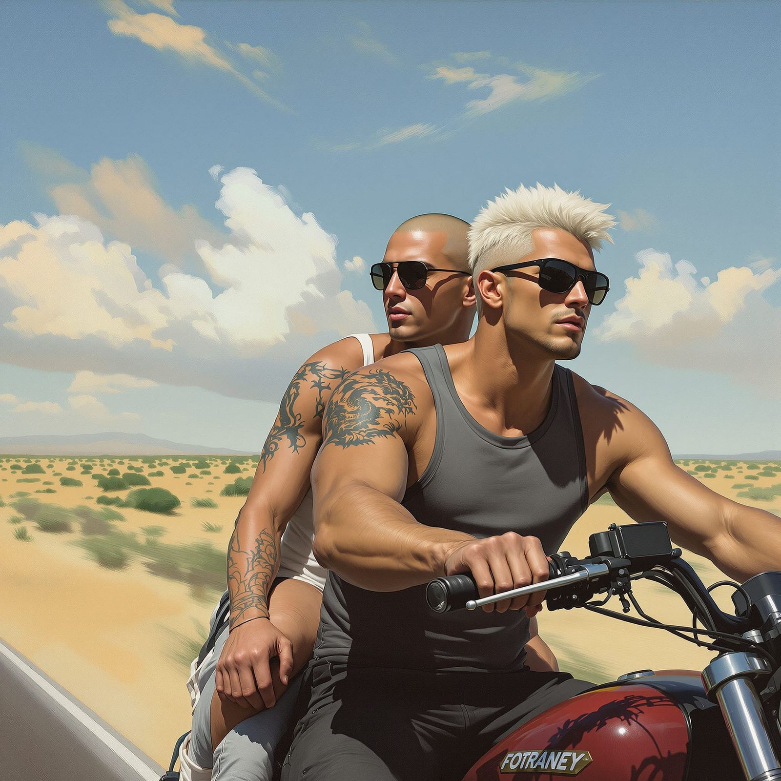 Men Riding Motorcycle in Oil Painting Style