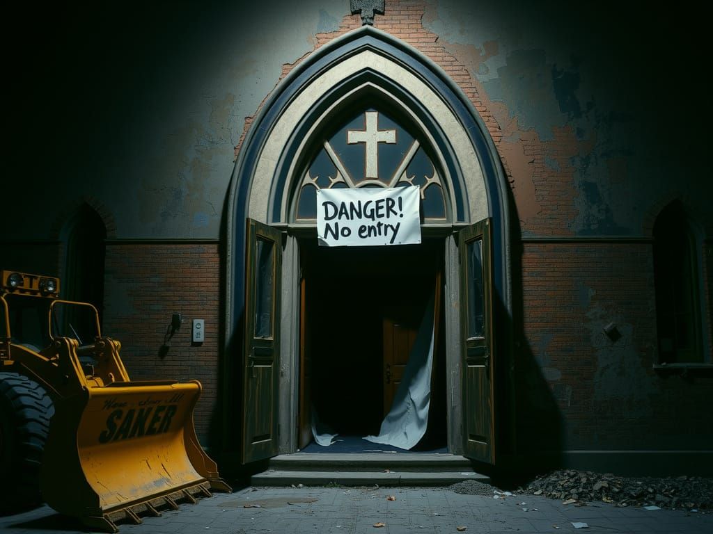 Dilapidated Church Entrance with Danger Sign and Bulldozer