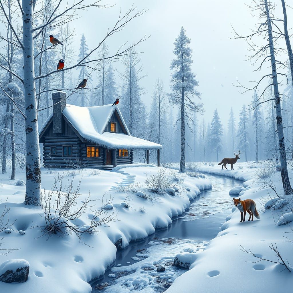 Winter Wonderland Cabin Amidst Serene Snowy Forest