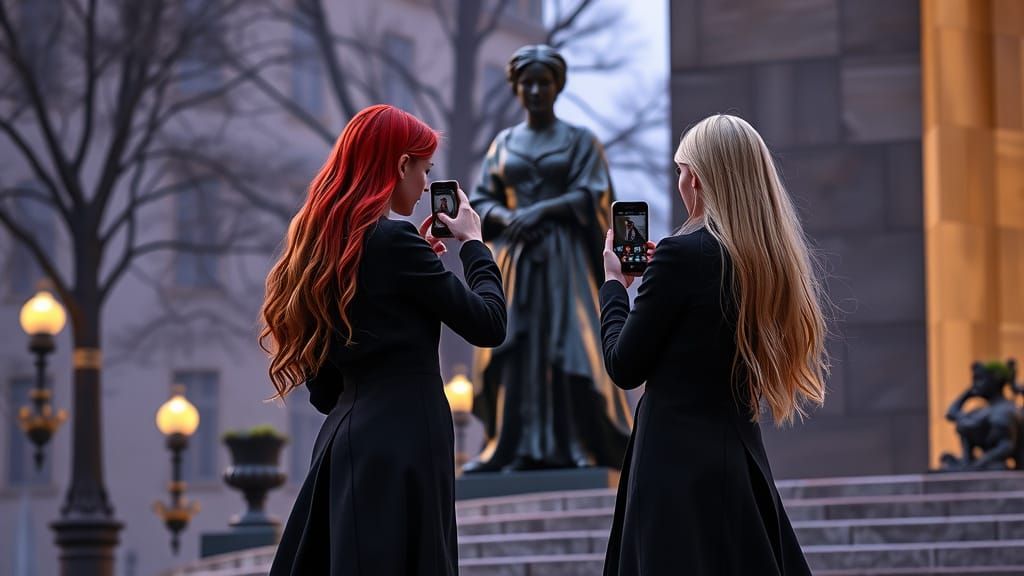Women Beside Marie Curie Statue: Dark Fantasy Art