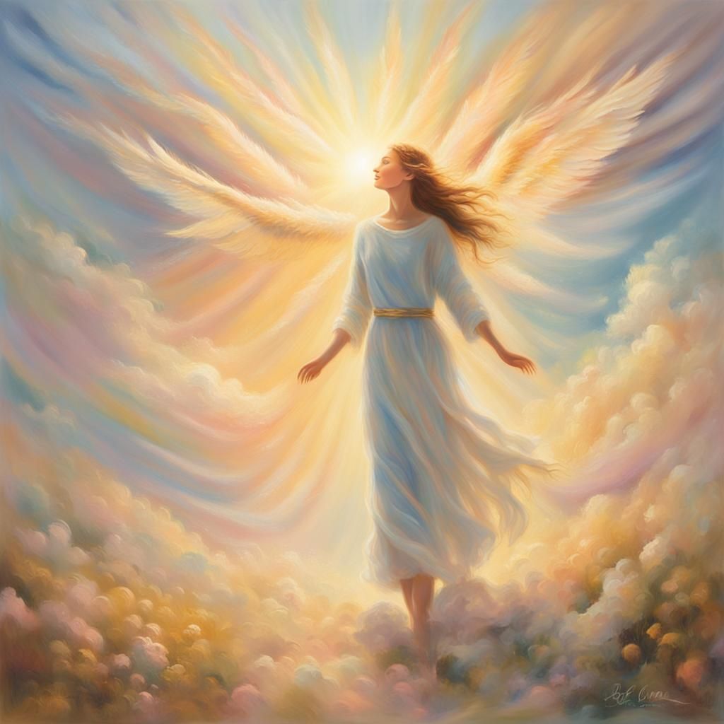 Ethereal Woman Ascending to Heaven as a Pastel Painting