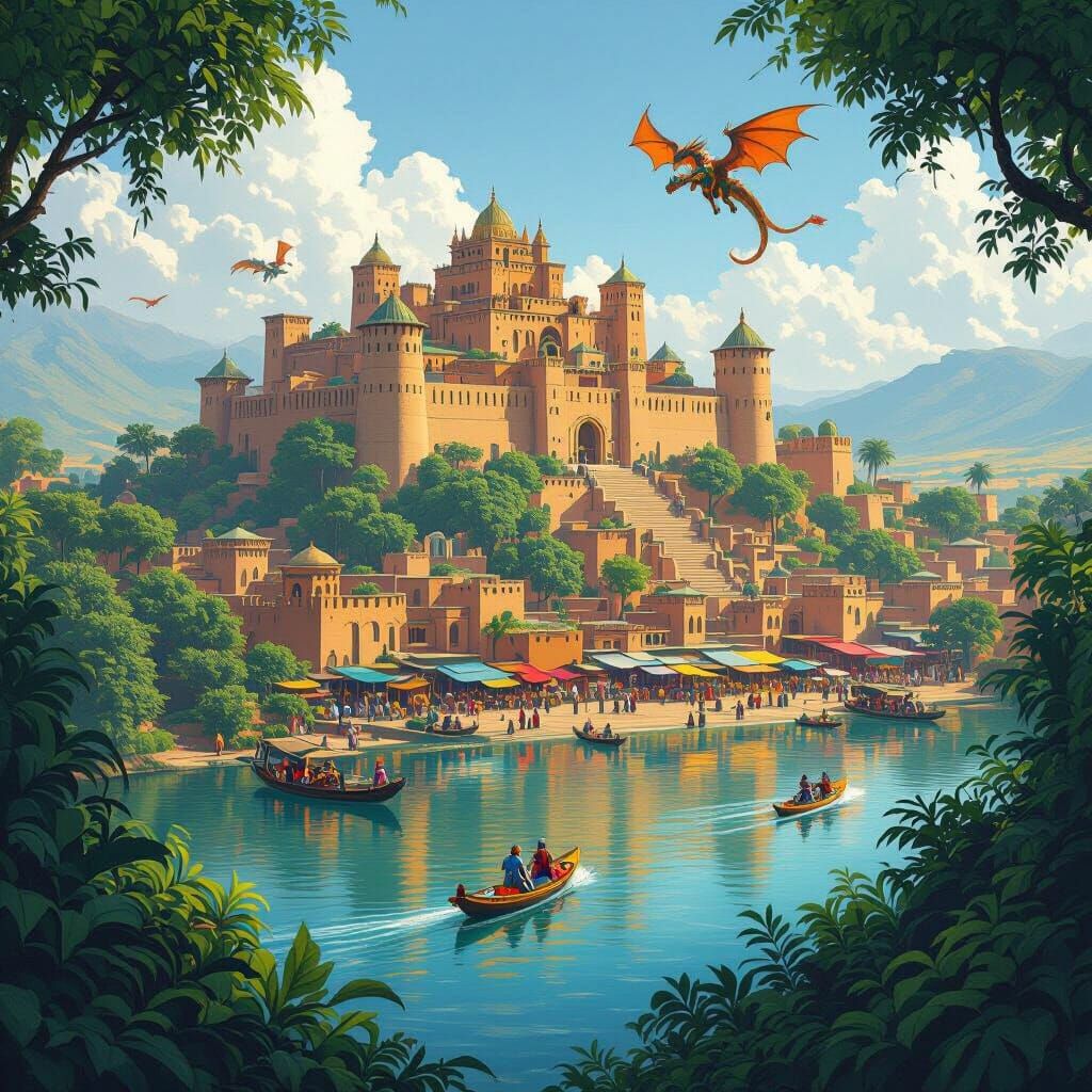 Vibrant Malian Imperial City with Dragon Riders