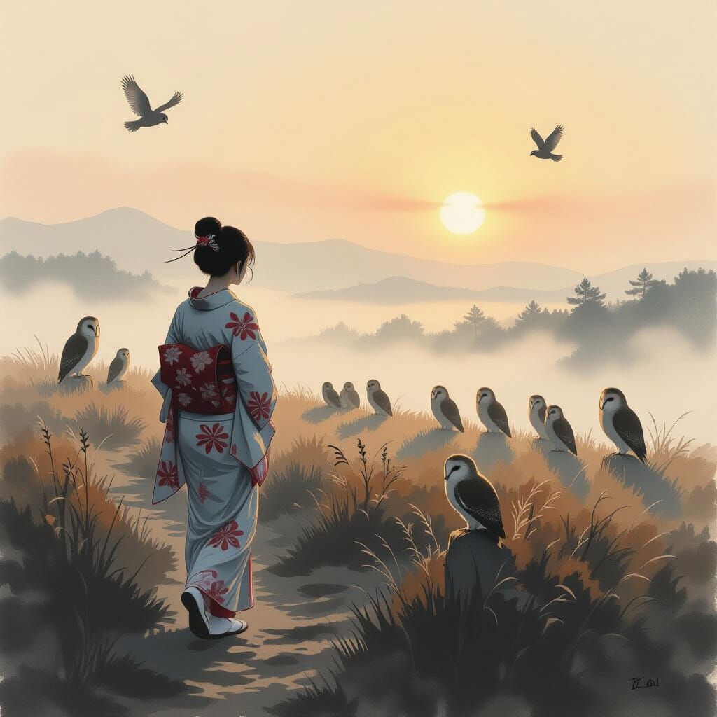 Woman on Hazy Heath at Sunrise in Japanese Style