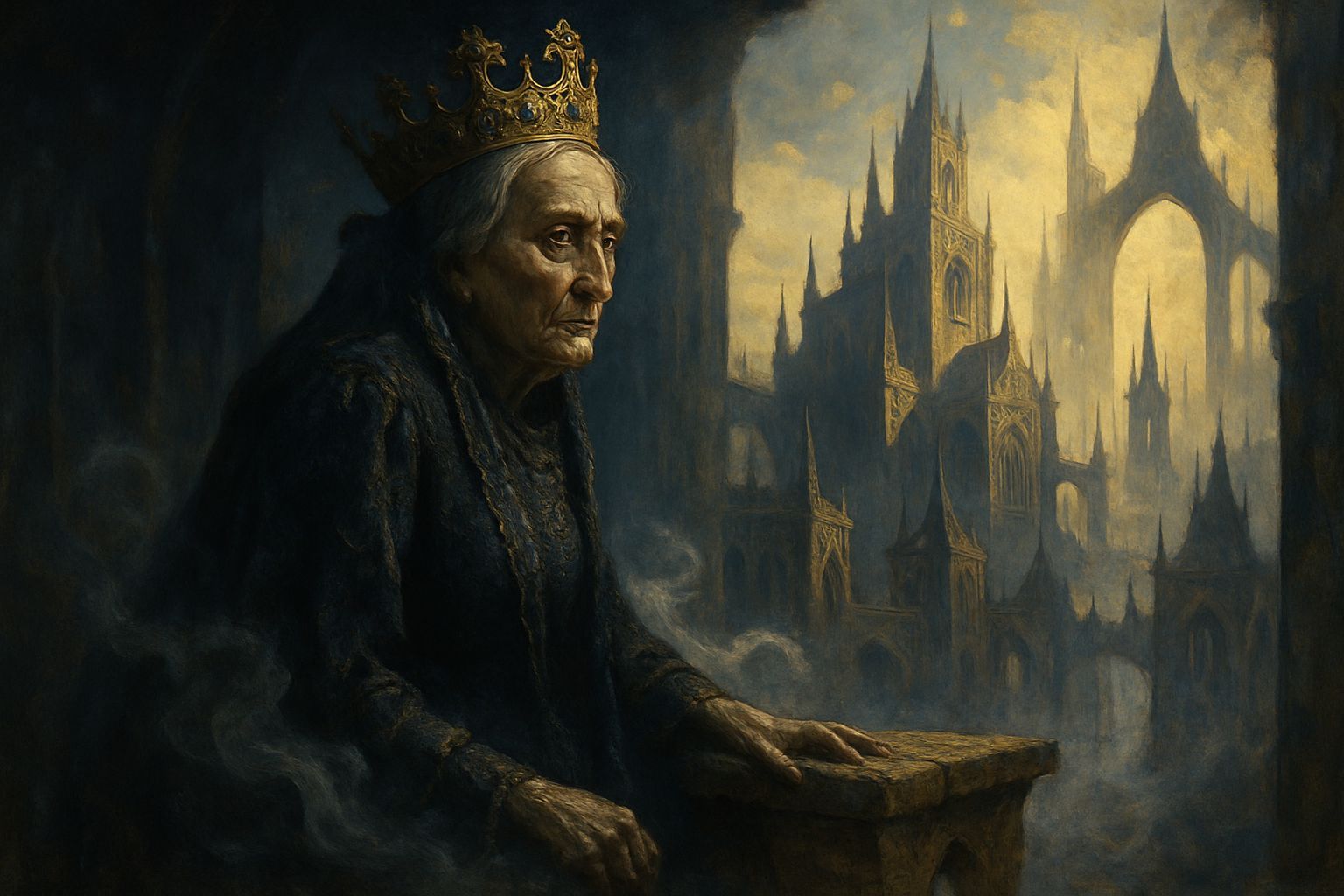 Renaissance Queen on Crumbling Balcony, City View