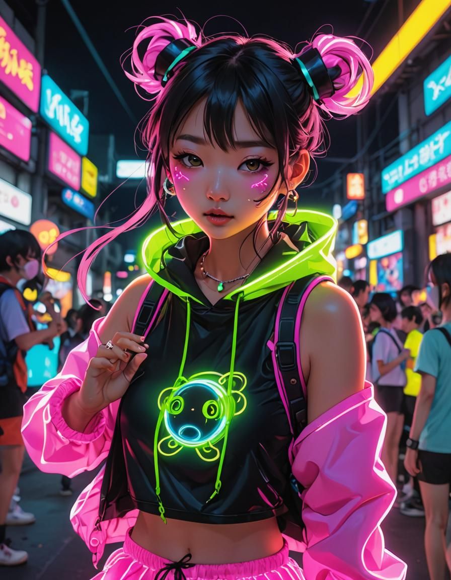 Anime Rave Girl Dancing with Neon Clothes