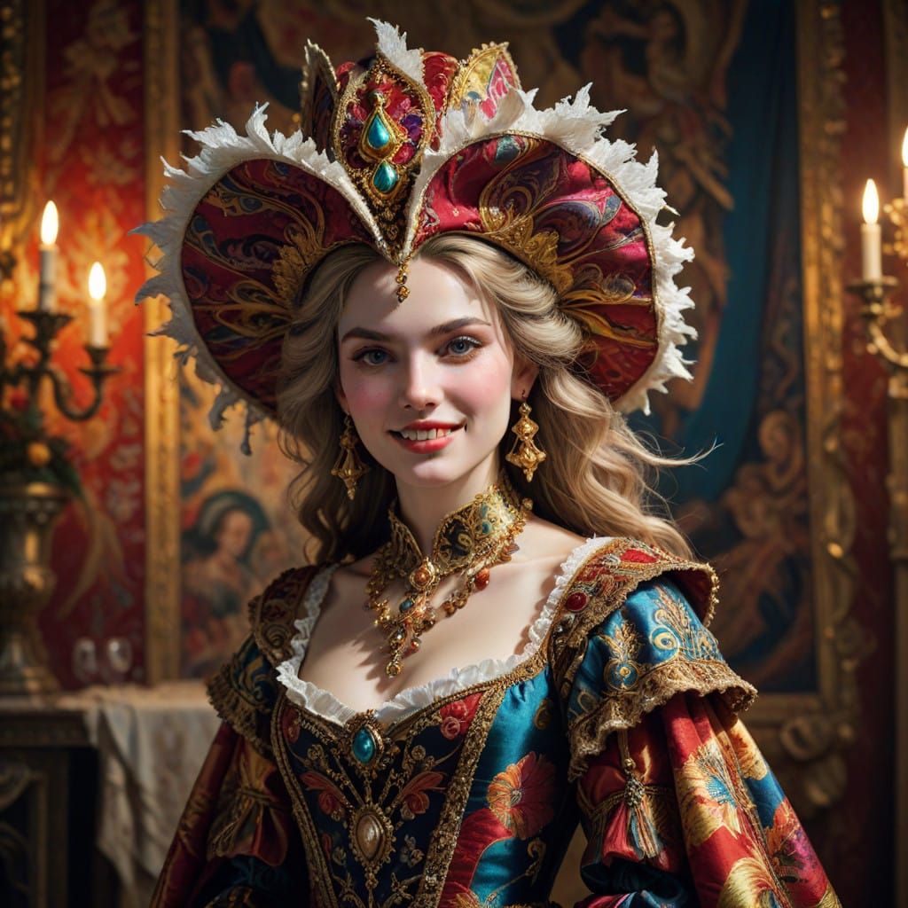 Regal Woman Holds Jester's Severed Head in Lavish Baroque Se...