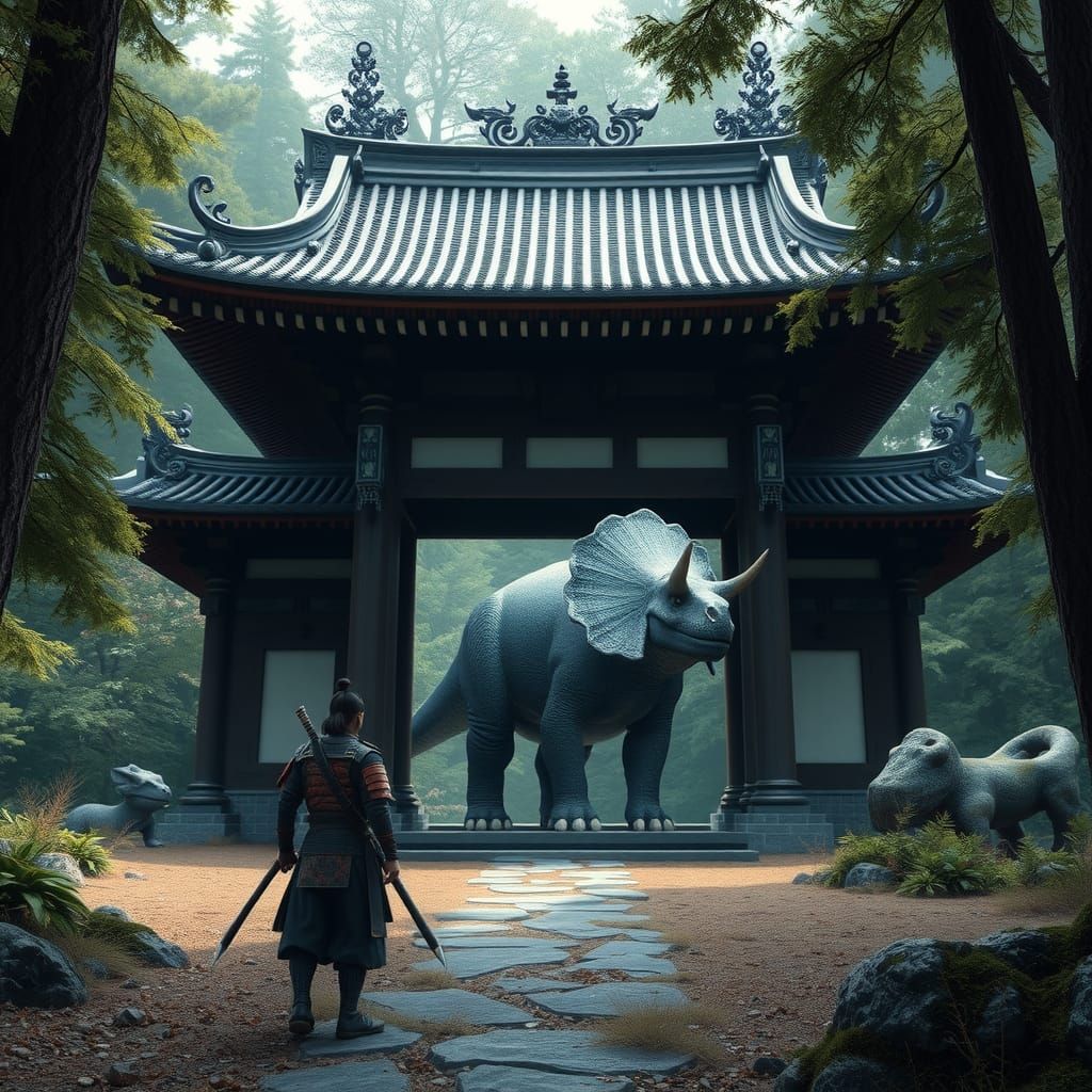 Japanese Temple with Samurai and Triceratops Dinosaur