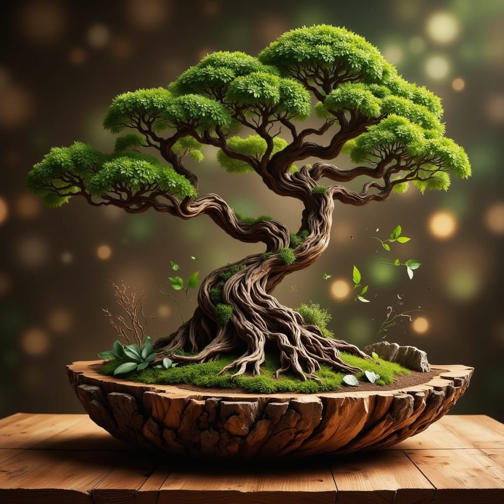 Burnished Bonsai Tree in Live Edge Bowl