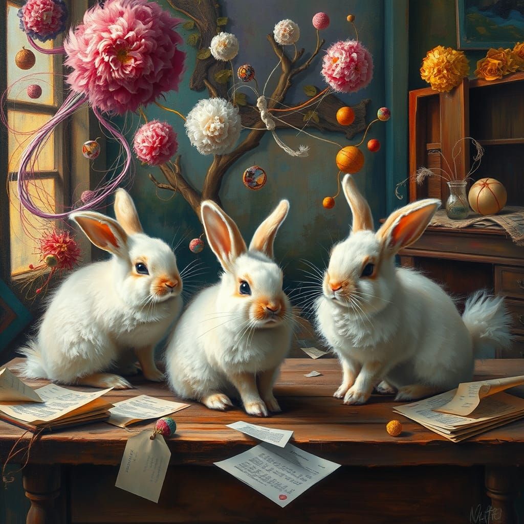 Surreal Rabbits in Abstract Dreamscape, Baroque Cubist Style